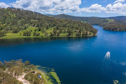 Aerial view of recreational Lake Lyell near Lithgow in regional New New South Wales Australia