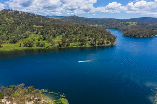 Aerial view of recreational Lake Lyell near Lithgow in regional New New South Wales Australia