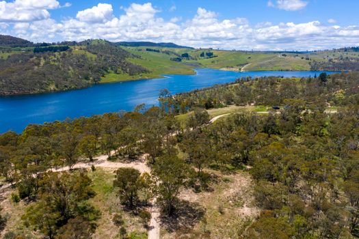 Aerial view of recreational Lake Lyell near Lithgow in regional New New South Wales Australia