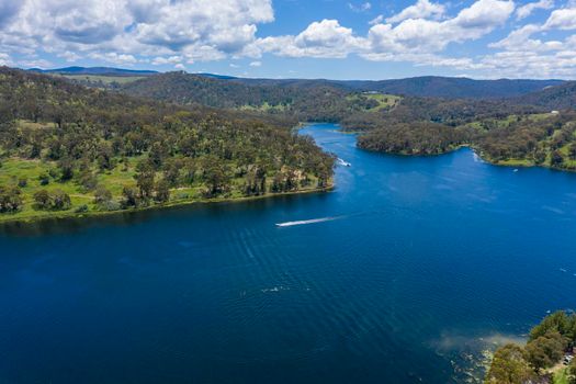 Aerial view of recreational Lake Lyell near Lithgow in regional New New South Wales Australia