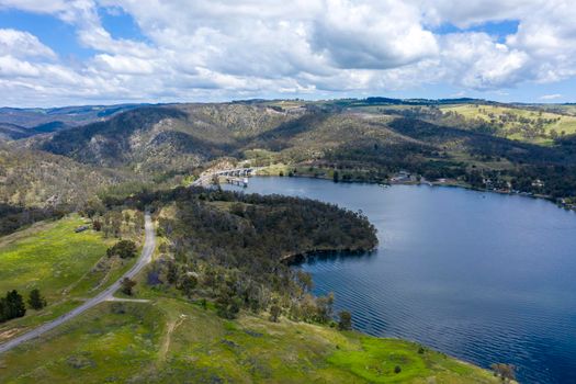 Aerial view of recreational Lake Lyell near Lithgow in regional New New South Wales Australia