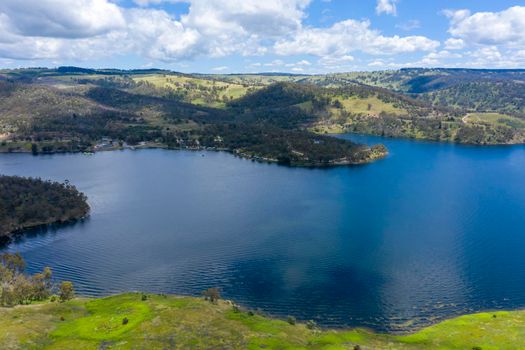 Aerial view of recreational Lake Lyell near Lithgow in regional New New South Wales Australia