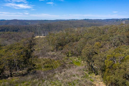 Aerial view of transmission towers and power lines running through a forest in regional Australia