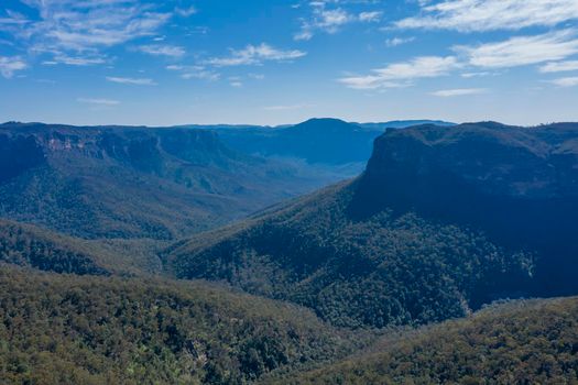 Aerial view of The Grand Canyon near the township of Medlow Bath in The Blue Mountains in regional New South Wales in Australia