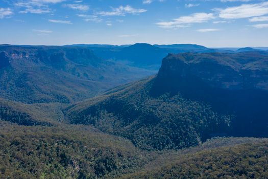 Aerial view of The Grand Canyon near the township of Medlow Bath in The Blue Mountains in regional New South Wales in Australia