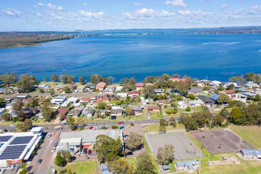 Aerial view of Lake Munmorah and the township of Budgewoi on the central coast of regional New South Wales in Australia