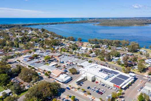 Aerial view of Lake Munmorah and the township of Budgewoi on the central coast of regional New South Wales in Australia