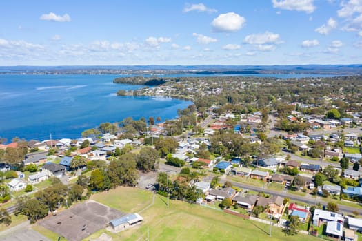 Aerial view of Lake Munmorah and the township of Budgewoi on the central coast of regional New South Wales in Australia