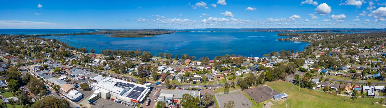 Aerial view of Lake Munmorah and the township of Budgewoi on the central coast of regional New South Wales in Australia