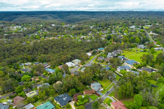 Aerial view of the township of Faulconbridge in The Blue Mountains in regional New South Wales in Australia