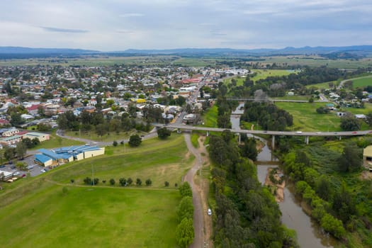 Aerial view of the township of Singleton in the Hunter Valley in regional New South Wales in Australia