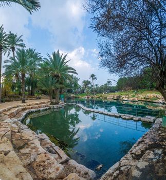 View of natural warm water pool in Gan HaShlosha National Park (Sakhne), in the Bet Shean Valley, Northern Israel