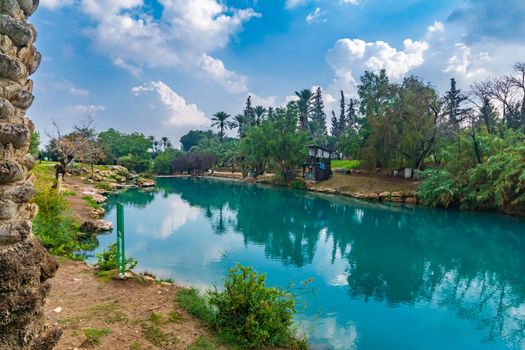 View of natural warm water pool in Gan HaShlosha National Park (Sakhne), in the Bet Shean Valley, Northern Israel