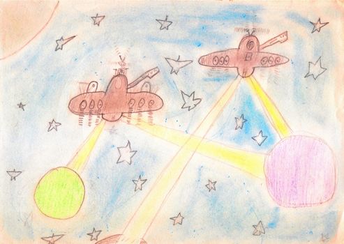 Two brown alien ships scanning planets in the open blue space with the stars. Child drawing