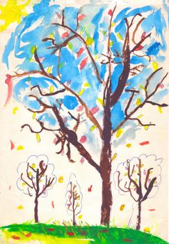 Brown trees with yellow and red leaves, green grass, sun and blue sky. Child drawing, watercolor