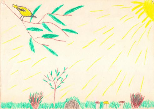 Big yellow bird sitting on the tree branch with green leaves, yellow sun, tree, bushes, mushrooms. Child drawing