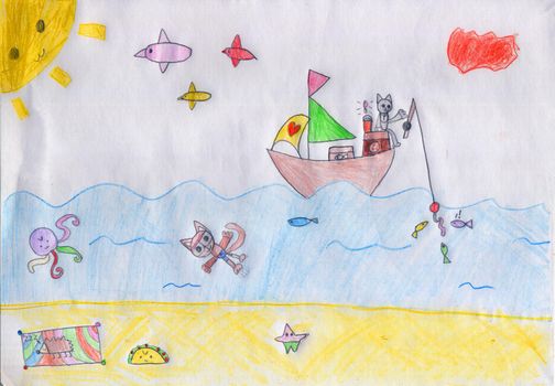 Cats and theit friends spending time on the sea shore. Child drawing