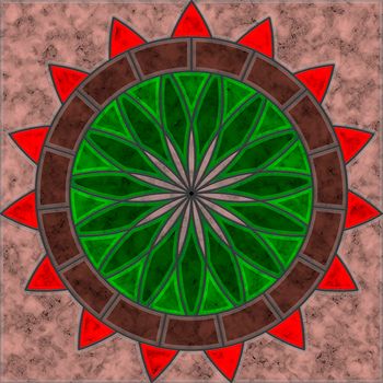 Brown, green and red marble tile with abstrac flower and circle pattern