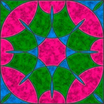 Green, blue and bright pink marble tile with round geometric pattern
