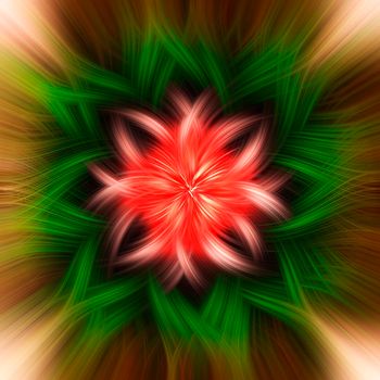 Brown, pink, green and red twisted lines with fiber effect, flower shape. Abstract background