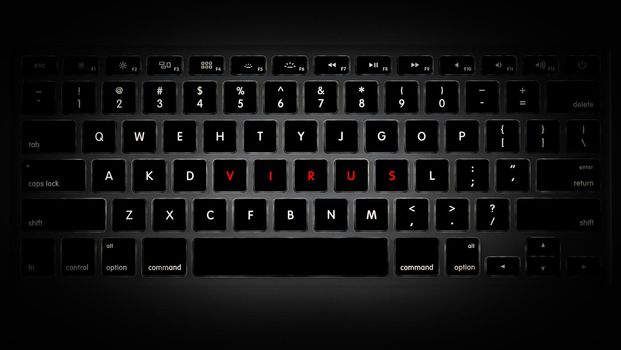 Dark image of computer keyboard with keys rearranged to make up word virus.