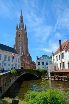 View of the fleche of the Church of our Lady in Bruges, Belgium
