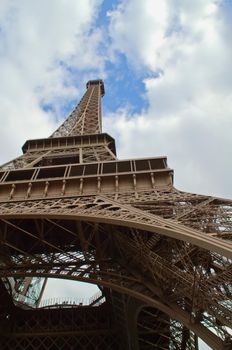 Low angle shot of the Eiffel Tower in Paris, France.