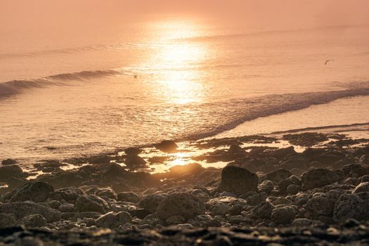 Sunrise light diffused by fog on the beach