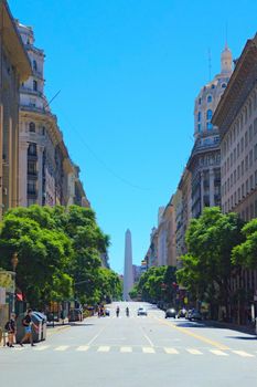 Av. Saenz Peña, in Buenos Aires, Argentina. The Obelisk of Buenos Aires can be seen in the distance.