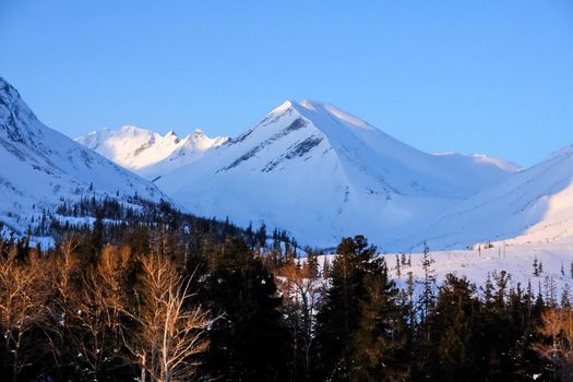 Baikal mountains in winter in snow. Forest in snow-covered mountains.