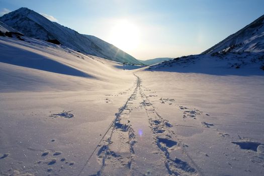 Baikal mountains in winter in snow. Forest in snow-covered mountains.