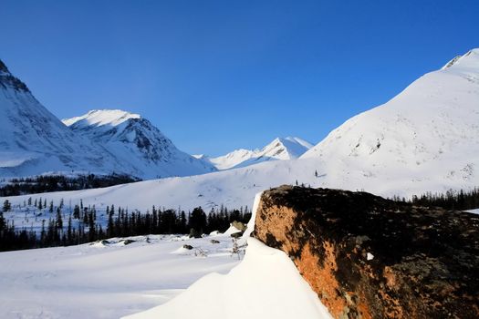 Baikal mountains in winter in snow. Forest in snow-covered mountains.