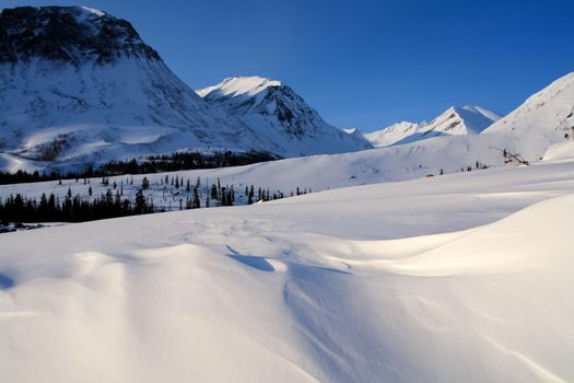 Baikal mountains in winter in snow. Forest in snow-covered mountains.