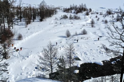 Baikal mountains in winter in snow. Forest in snow-covered mountains.