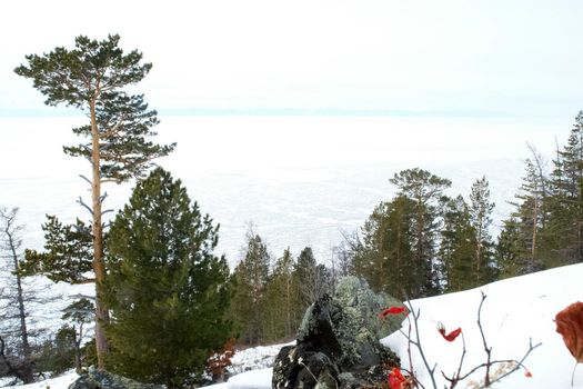 Baikal mountains in winter in snow. Forest in snow-covered mountains.