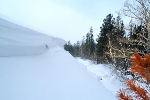 Baikal mountains in winter in snow. Forest in snow-covered mountains.