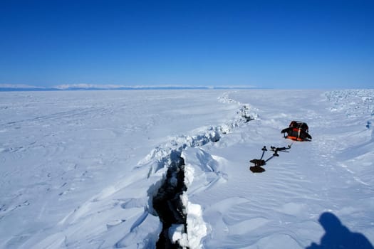 Baikal, long crack on ice, wormwood.