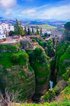 Panoramic view of hilltop and small river, spring, Spain