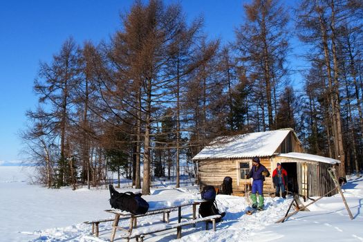 Tankhoy, Russia - January 20, 2019: A forester's house on the shore of baikal. skiers' resting place.