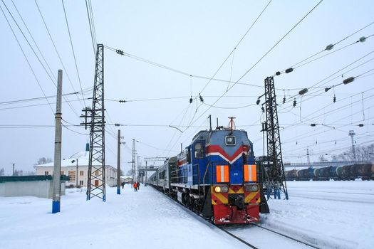 Tankhoy, Russia - January 20, 2019: Passenger train at the station. Russia, Baikal railways.