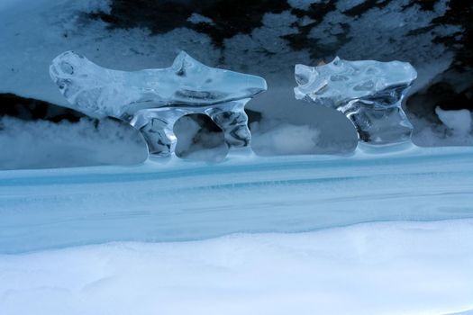 Pieces of frozen ice on the baikal. Broken ice.