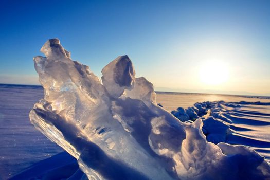 Pieces of frozen ice on the baikal. Broken ice.