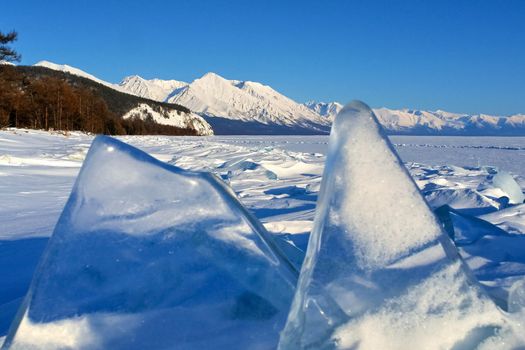 Pieces of frozen ice on the baikal. Broken ice.