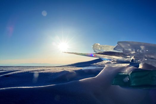 Pieces of frozen ice on the baikal. Broken ice.