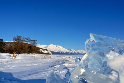 Pieces of frozen ice on the baikal. Broken ice.