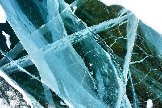 Pieces of frozen ice on the baikal. Broken ice.