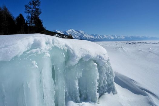 Pieces of frozen ice on the baikal. Broken ice.