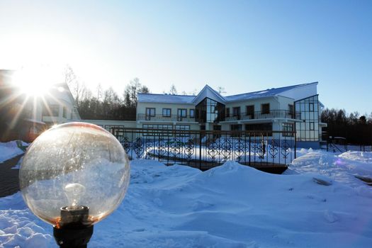 Plafonds of street lights in winter near the hotel on Baikal.