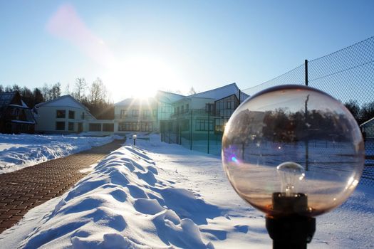 Plafonds of street lights in winter near the hotel on Baikal.