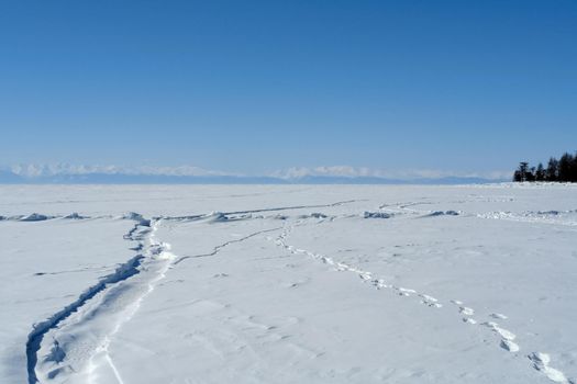 ski slope on the shore of Lake Baikal. Ski track.